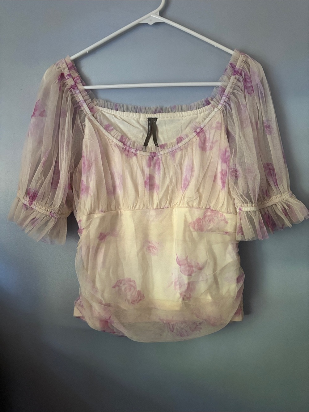 Anthropologie Sheer Cream Blouse with Lavender Floral Print